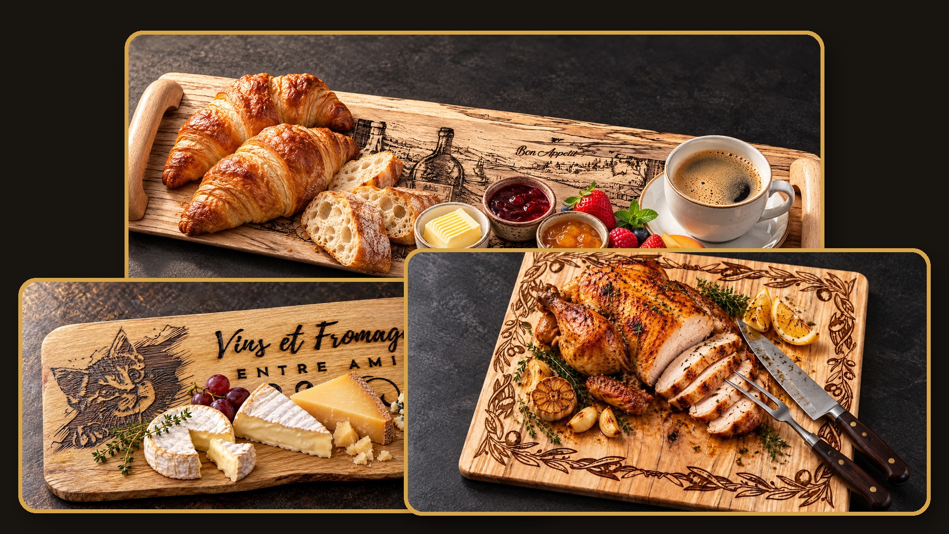 Exemples de planches artisanales dressées pour le fromage, le petit-déjeuner et la découpe