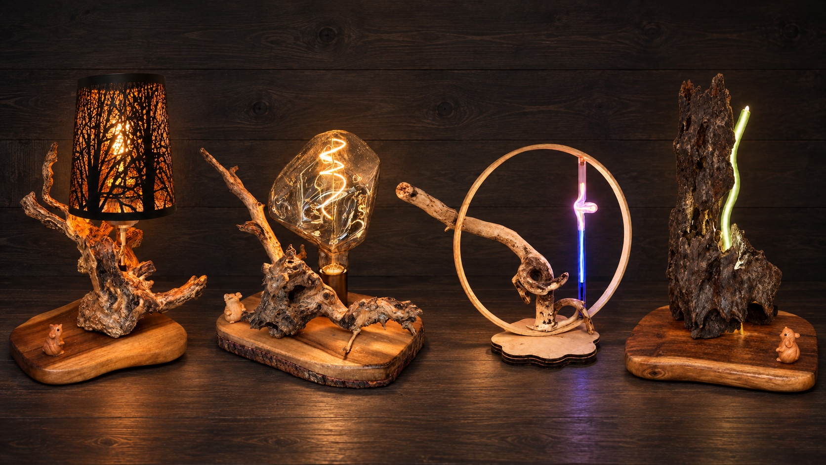 Collection de lampes uniques en bois recyclé