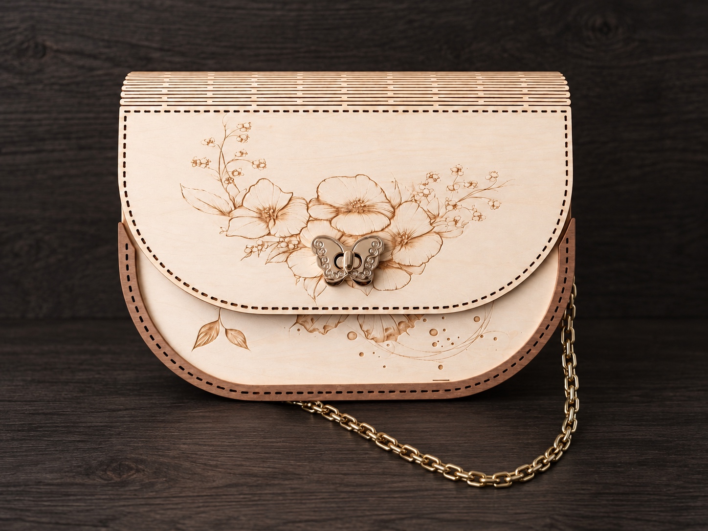 Référence SB 3a — Sac floral arrondi en bois clair — fabriqué à la main
