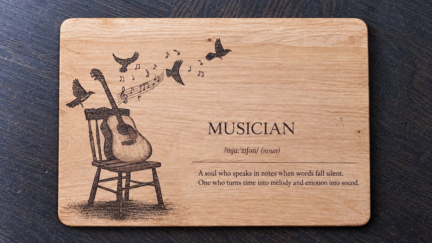 Référence PL 6 — planche musicale en frêne local gravée — 35 × 30 cm