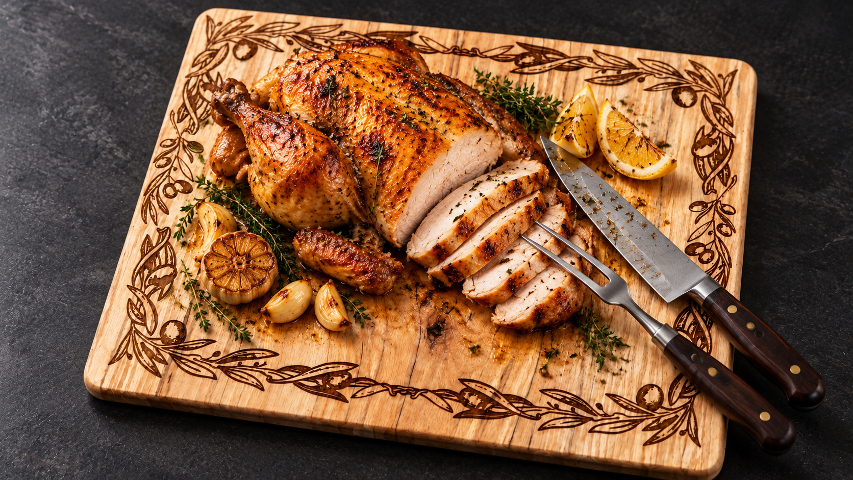 Référence PL 12b — planche PL 12 utilisée pour découper et servir un poulet rôti