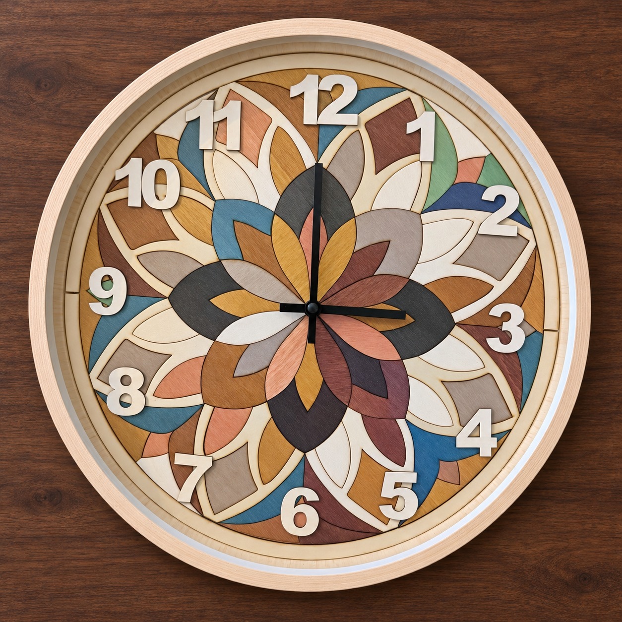 Référence HO 9 — horloge florale en marqueterie de bois avec façade en verre et cadre en bois, diamètre 37 cm