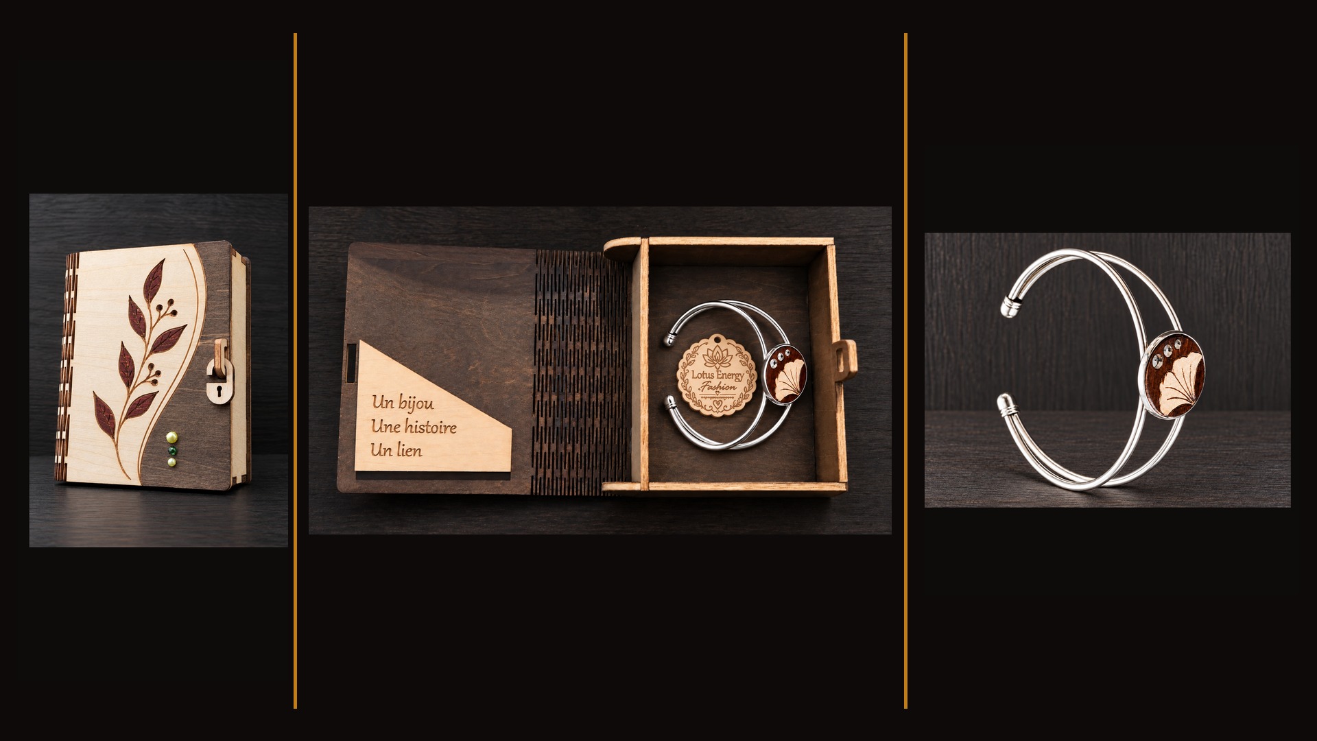 Bijou présenté seul puis dans son coffret artisanal en bois