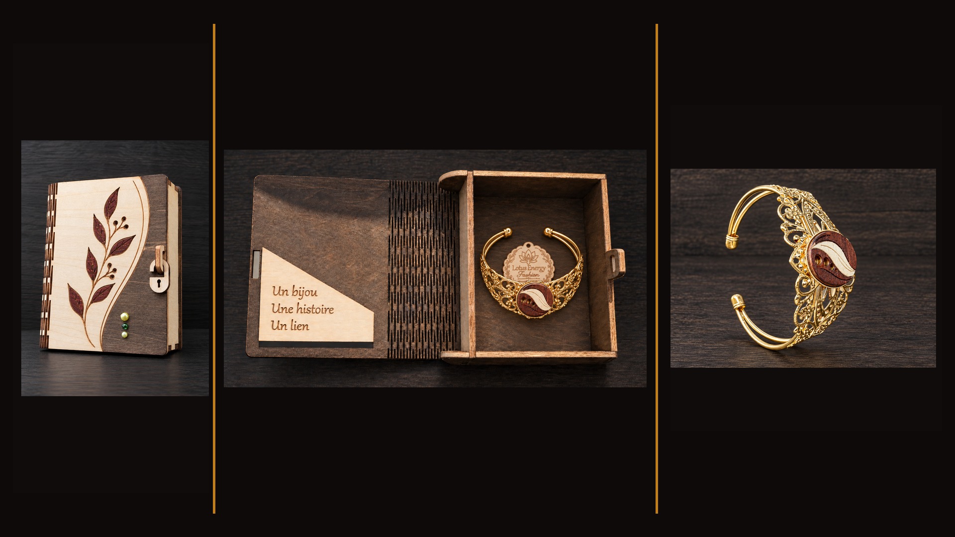 Référence BI 2 — bracelet manchette doré à feuille avec coffret de présentation artisanal, trois vues