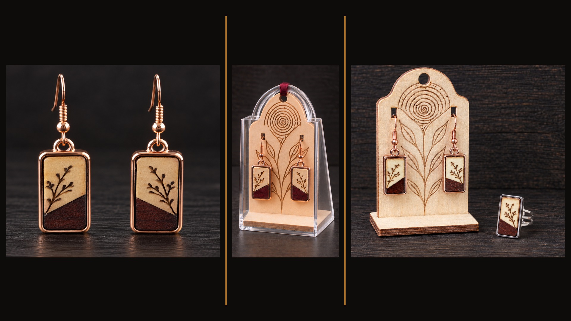 Boucles d’oreilles présentées sur leur support en bois dans un coffret transparent en Perspex