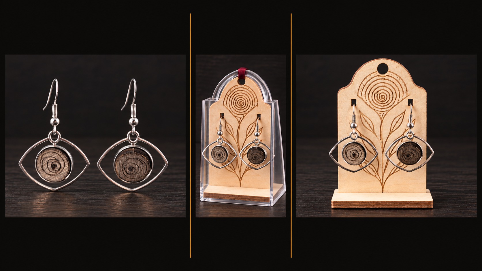 Référence BI 22 — boucles d’oreilles argentées en forme d’œil avec cernes naturels du bois, présentées en trois vues