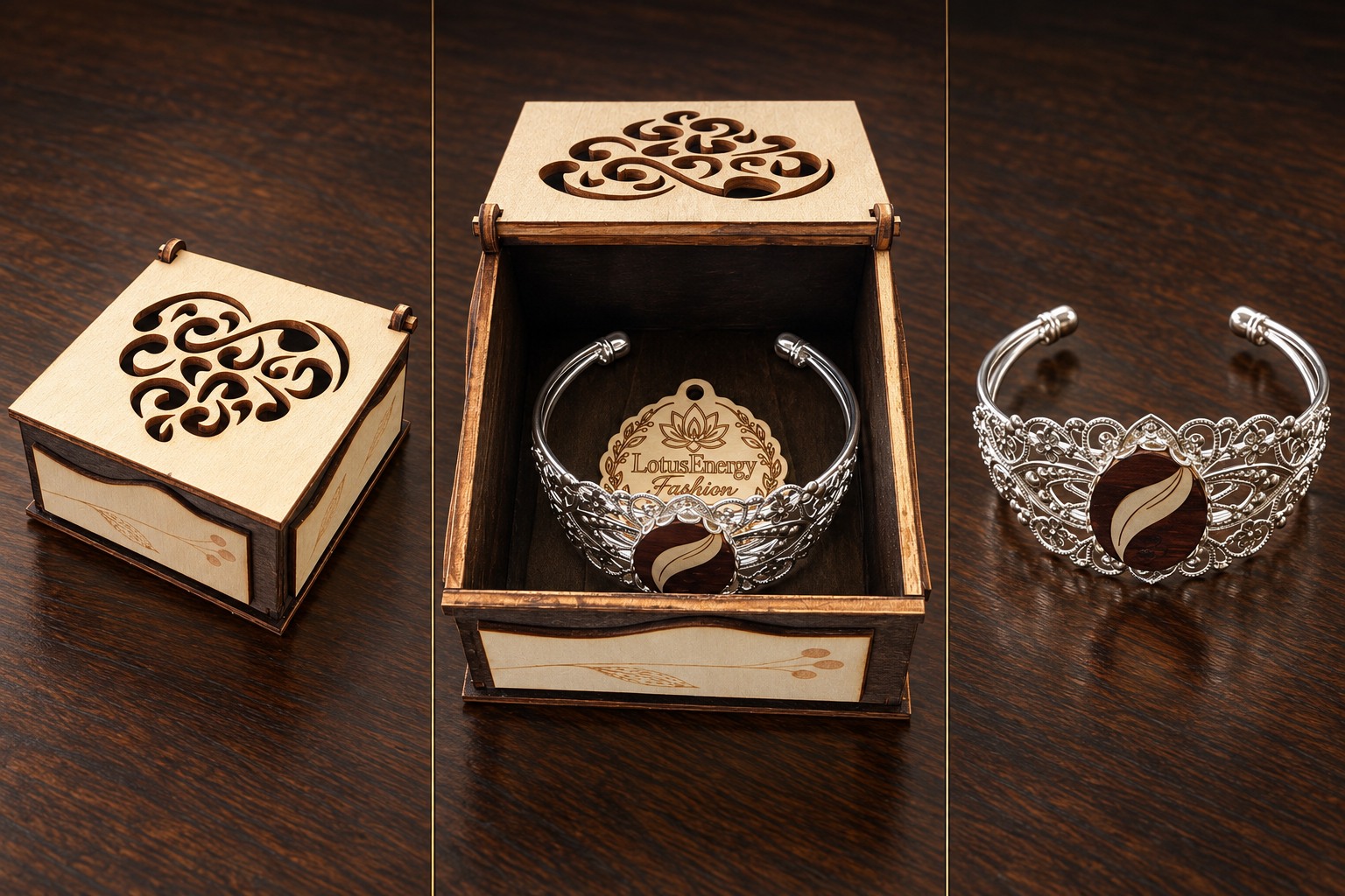 Référence BI 25 — bracelet manchette argenté ouvragé à médaillon feuille en bois bicolore, avec son coffret de présentation artisanal, présenté en trois vues