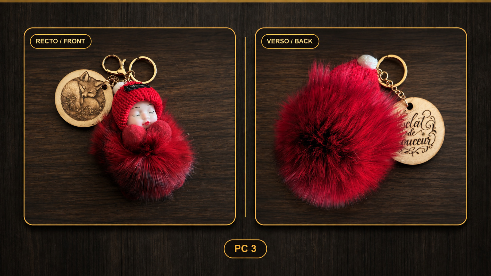 Référence PC 3 — porte-clés pompon rouge, recto et verso