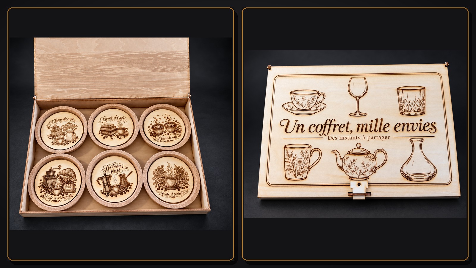 Référence CS 7 — coffret personnalisable fermé et ouvert contenant six bases en liège avec inserts en bois gravé