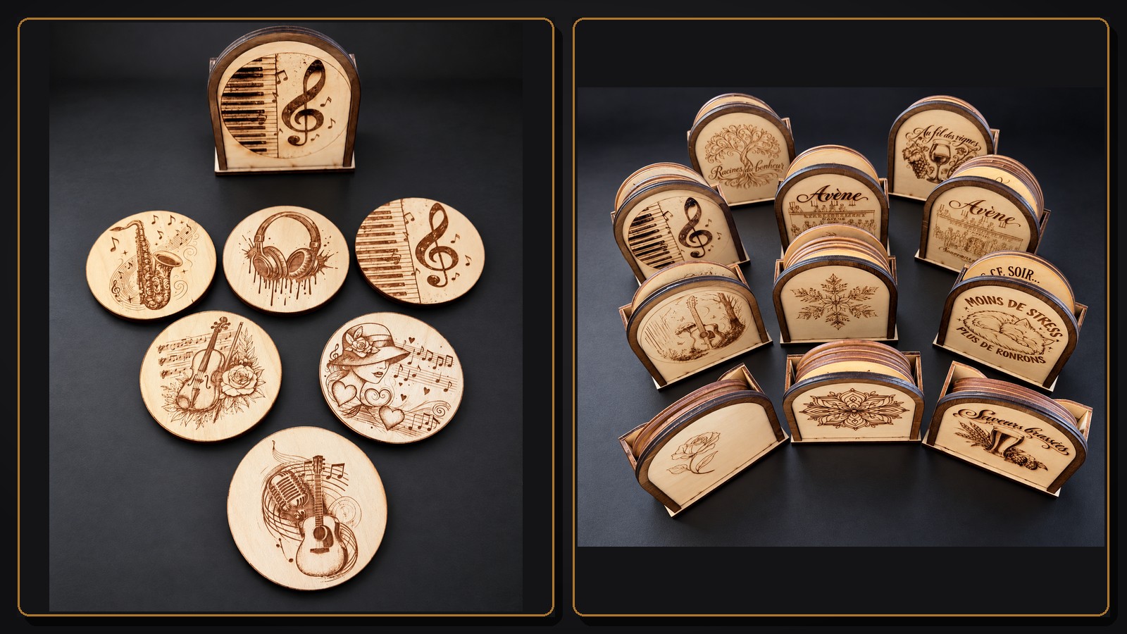 Référence CS 8 — thème musical et collection de séries d’inserts en bois gravé interchangeables conçus pour les bases en liège du coffret