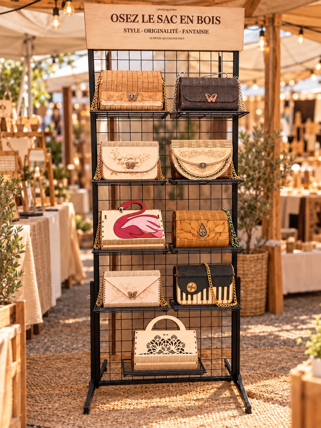 Présentoir de marché avec une sélection de sacs artisanaux en bois disposés sur des étagères