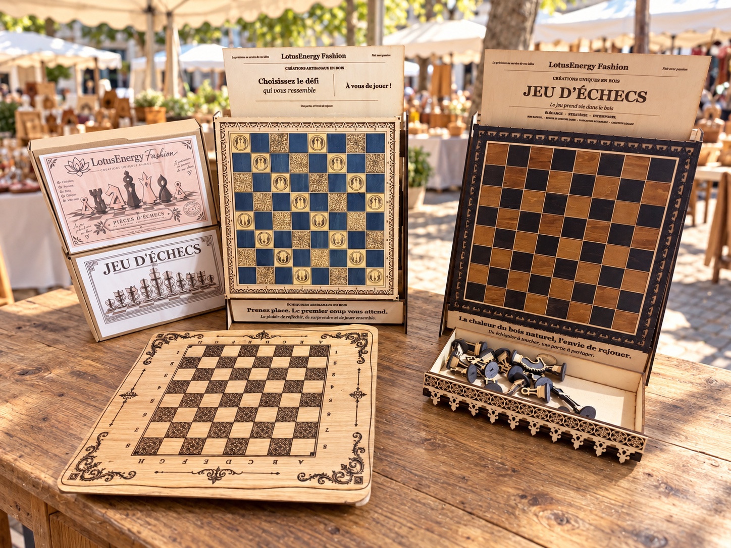 Présentoir de marché Lotus Energy Fashion réunissant plusieurs échiquiers artisanaux en bois et leurs pièces