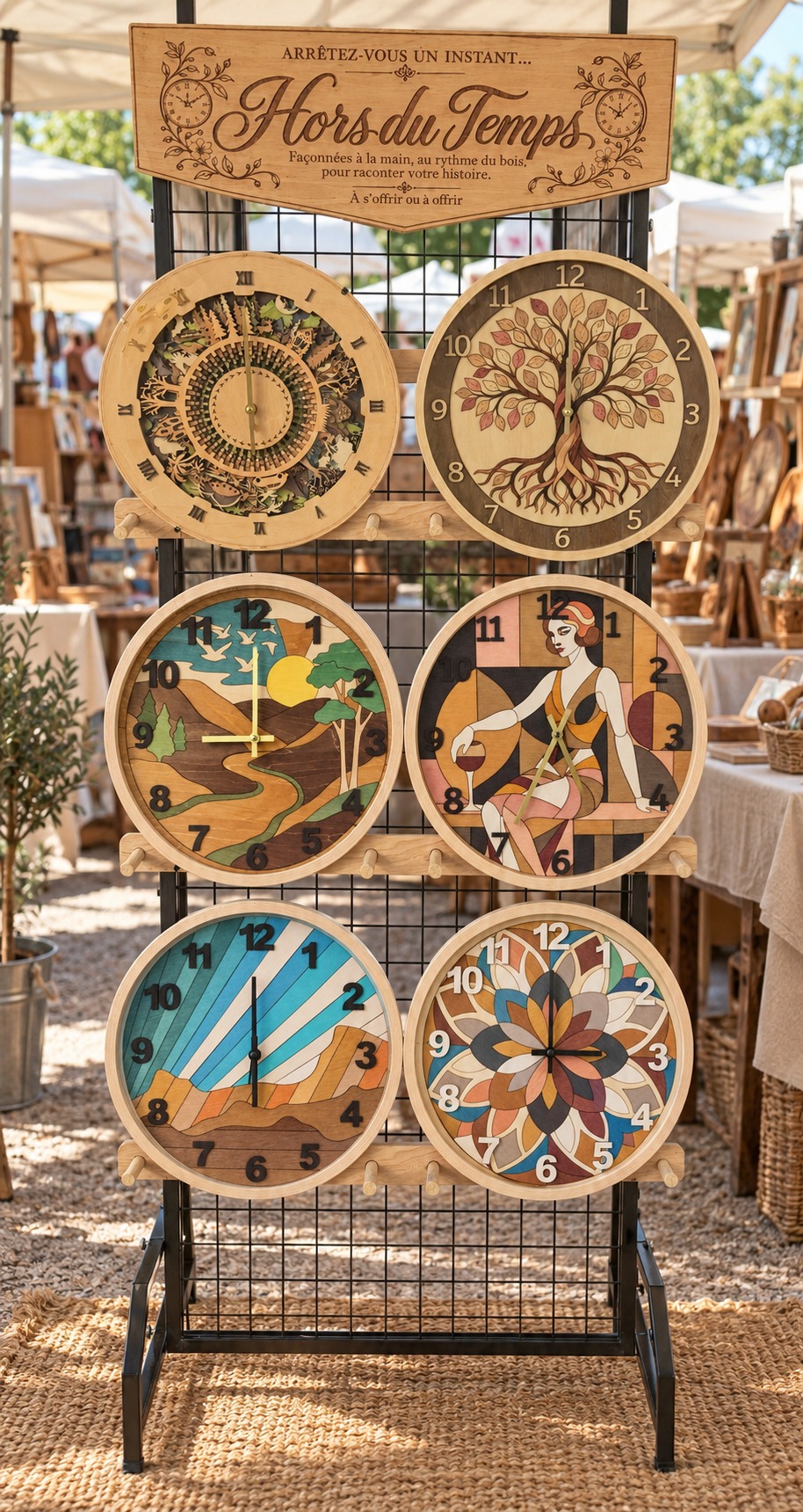 Présentoir Hors du Temps avec six grandes horloges artisanales en bois disposées sur trois rangées lors d’un marché