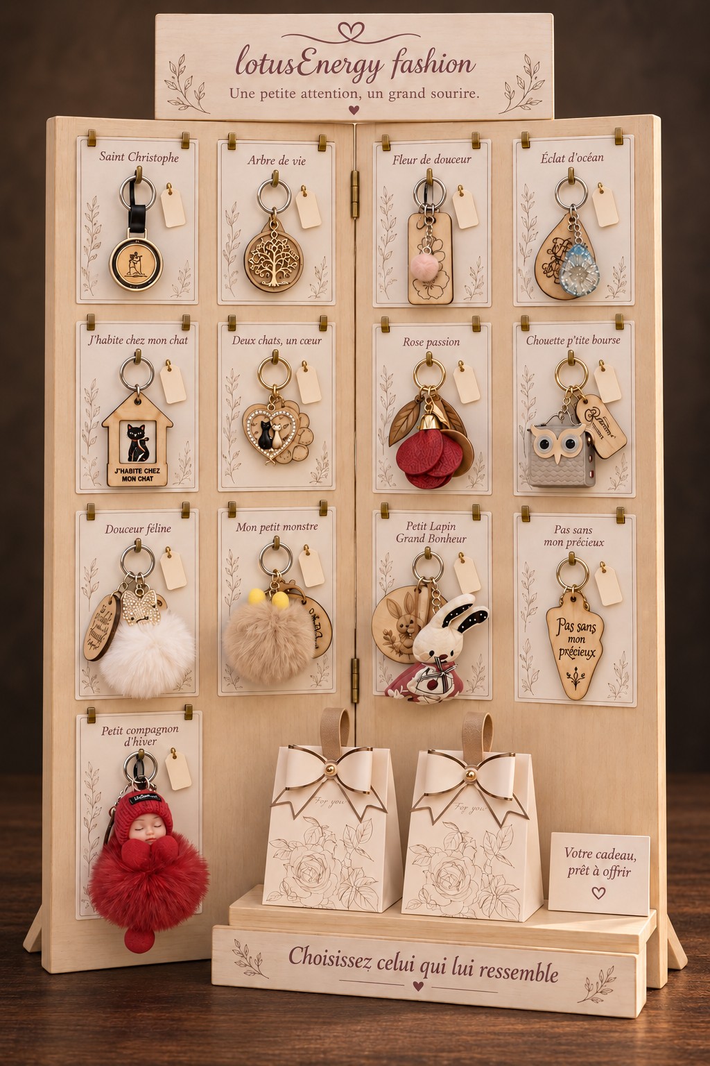 Présentoir en bois Lotus Energy Fashion avec porte-clés et pochettes cadeaux